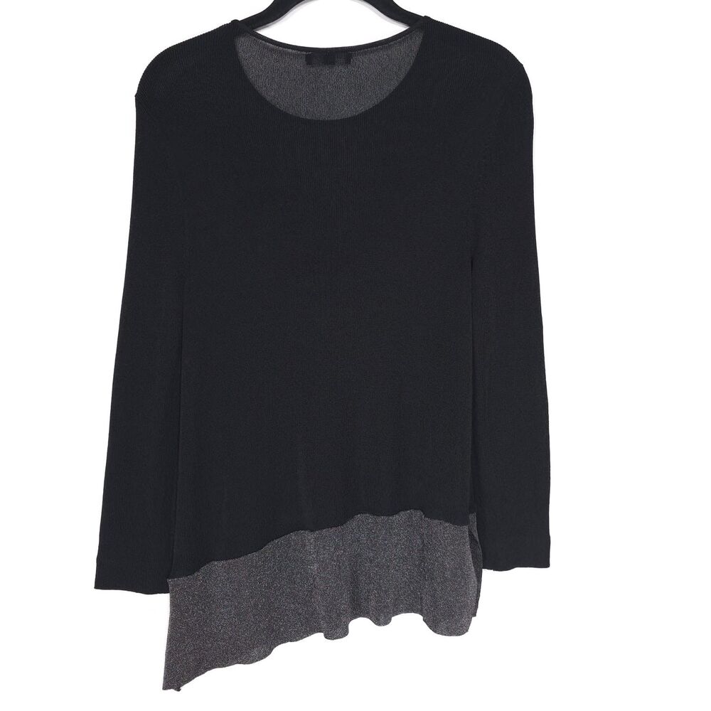 EILEEN FISHER Petite Knit Top Black Asymmetrical Hem Long Sleeve Women Size M